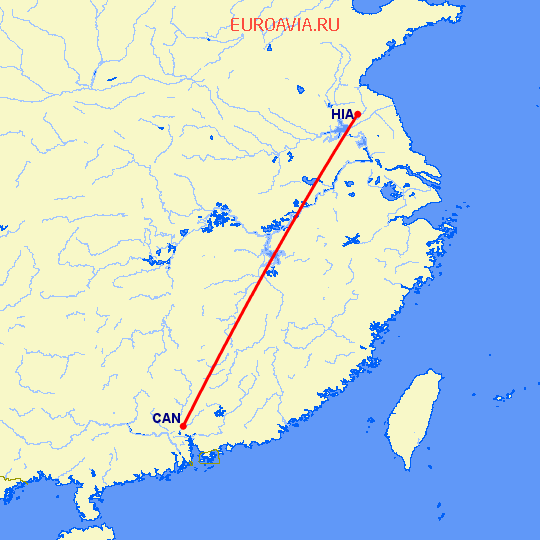 перелет Гуанчжоу — Хуайань на карте