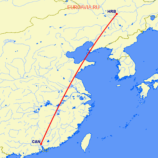 перелет Гуанчжоу — Харбин на карте