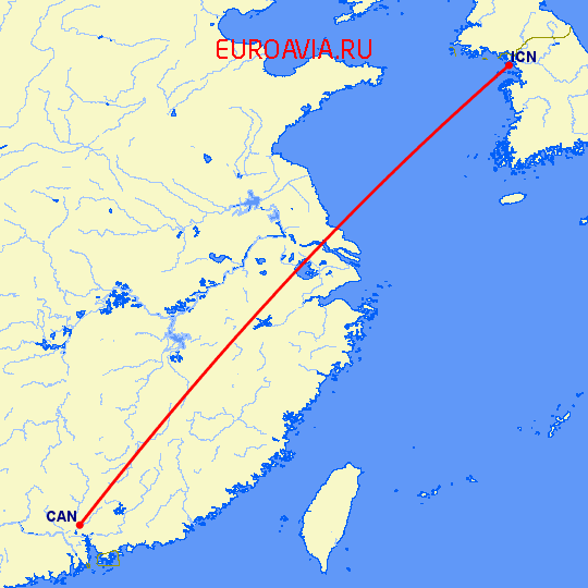 перелет Гуанчжоу — Сеул на карте