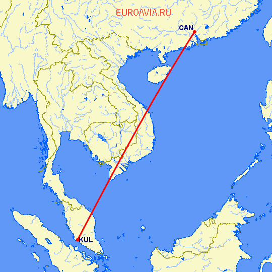 перелет Гуанчжоу — Куала Лумпур на карте