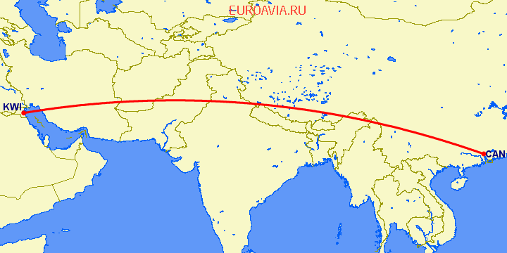 перелет Гуанчжоу — Кувейт на карте