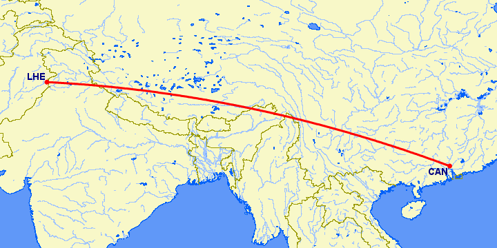 перелет Гуанчжоу — Лахор на карте
