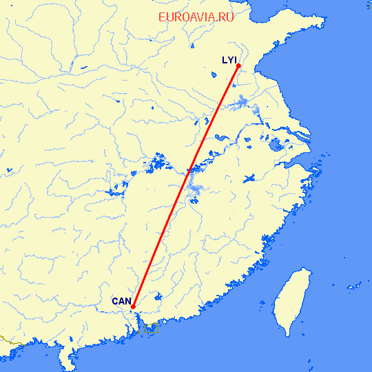 перелет Гуанчжоу — Linyi на карте
