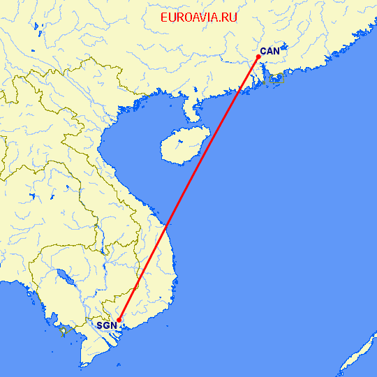 перелет Гуанчжоу — Хошимин на карте