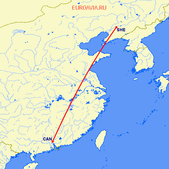 перелет Гуанчжоу — Шеньян на карте