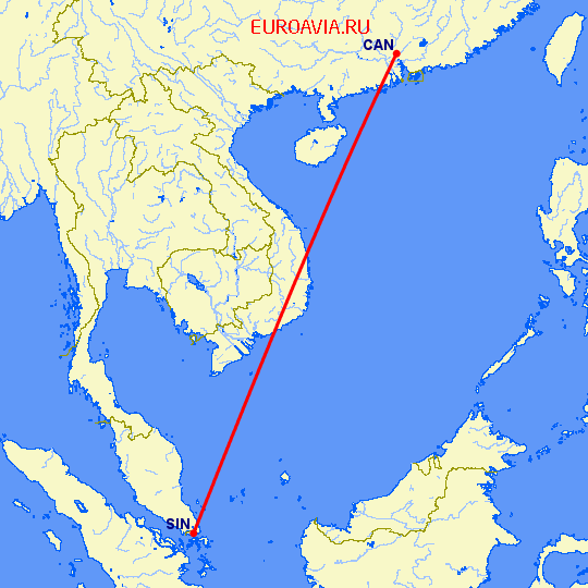 перелет Гуанчжоу — Сингапур на карте