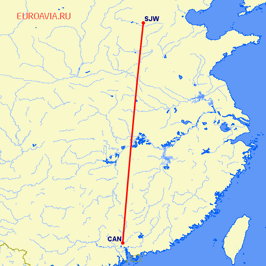 перелет Гуанчжоу — Шицзяжун на карте