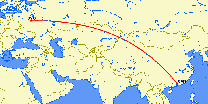 перелет Гуанчжоу — Москва на карте