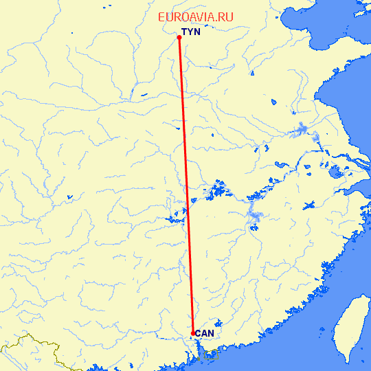 перелет Гуанчжоу — Тайюань на карте