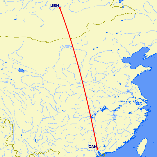 перелет Гуанчжоу — Улан Батор на карте