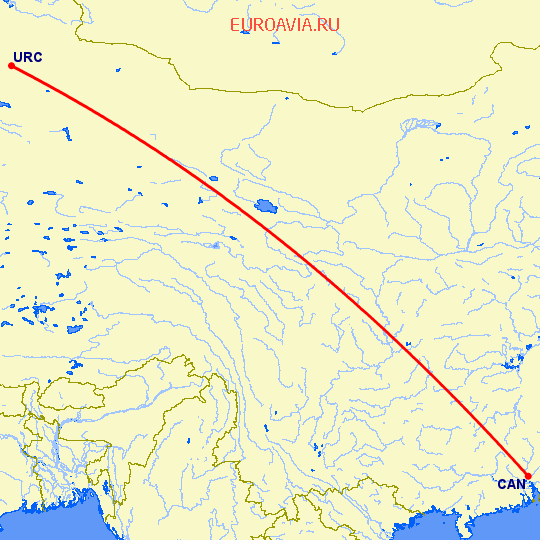 перелет Гуанчжоу — Урумги на карте