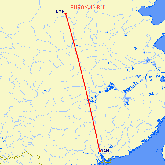 перелет Гуанчжоу — Фулин на карте