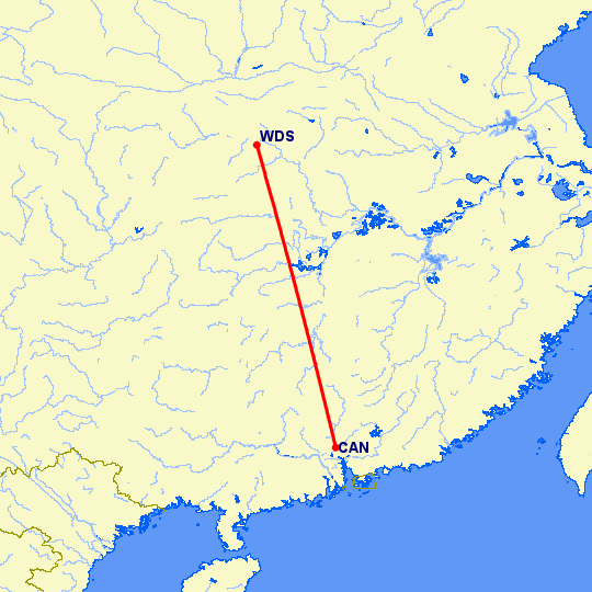 перелет Гуанчжоу — Шиянь на карте