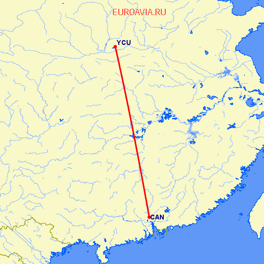 перелет Гуанчжоу — Yun Cheng на карте
