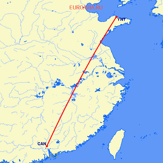 перелет Гуанчжоу — Янтай на карте