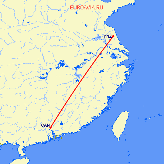 перелет Гуанчжоу — Яньчэн на карте