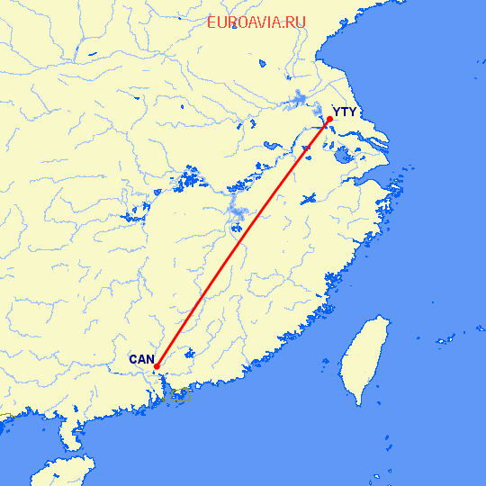 перелет Гуанчжоу — Янчжоу на карте