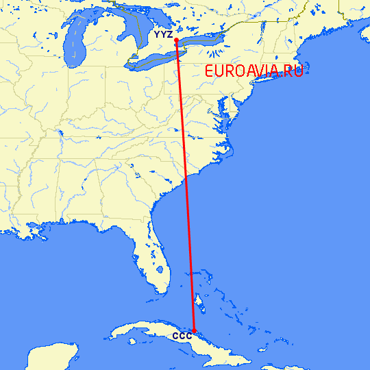 перелет Кайо Коко — Торонто на карте