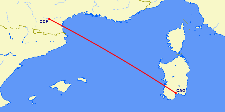 перелет Каркассон — Кальяри на карте