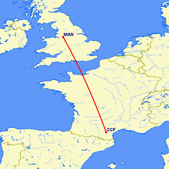 перелет Каркассон — Манчестер на карте