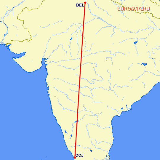 перелет Kozhikode — Нью Дели на карте