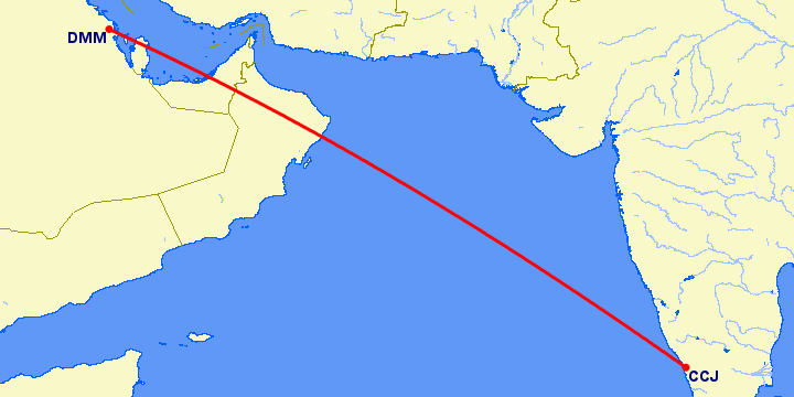 перелет Kozhikode — Даммам на карте