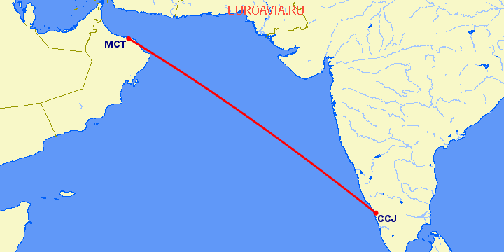 перелет Kozhikode — Маскат на карте