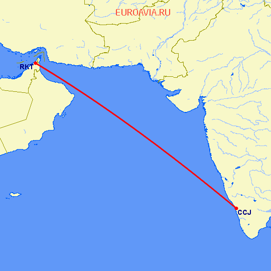 перелет Kozhikode — Рас аль Хайма на карте