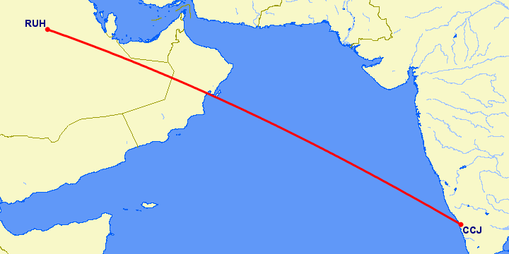 перелет Kozhikode — Эр Рияд на карте
