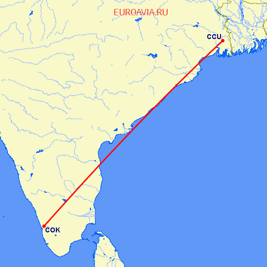 перелет Kolkata — Кочи на карте