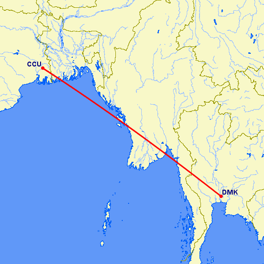 перелет Kolkata — Бангкок на карте
