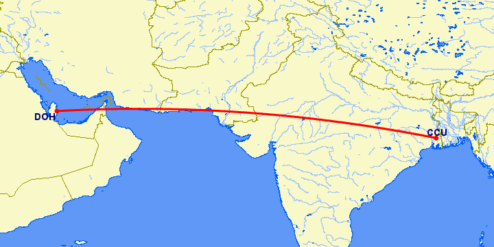 перелет Kolkata — Доха на карте