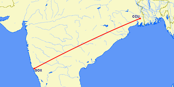 перелет Калькутта — Северное ГОА на карте