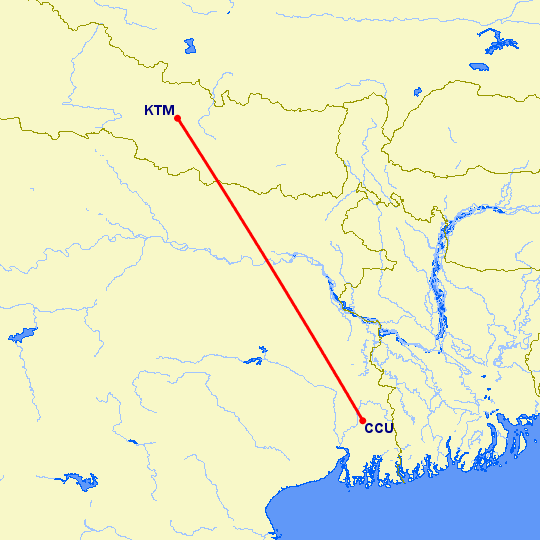 перелет Kolkata — Катманду на карте
