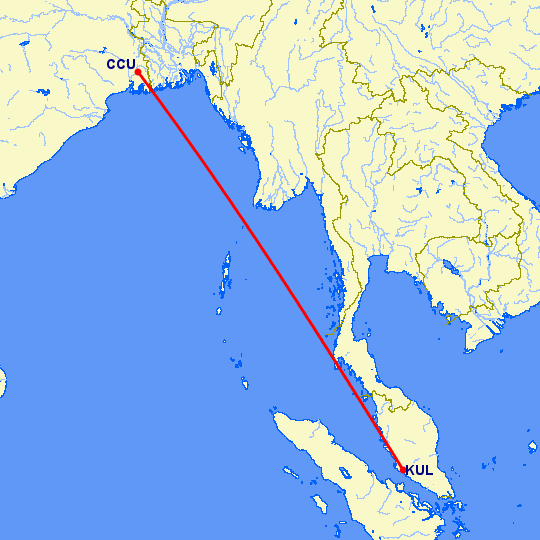 перелет Kolkata — Куала Лумпур на карте