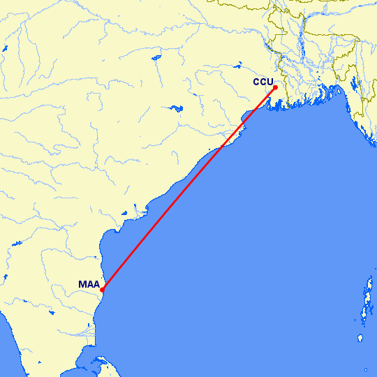 перелет Калькутта — Мадрас Ченнай на карте