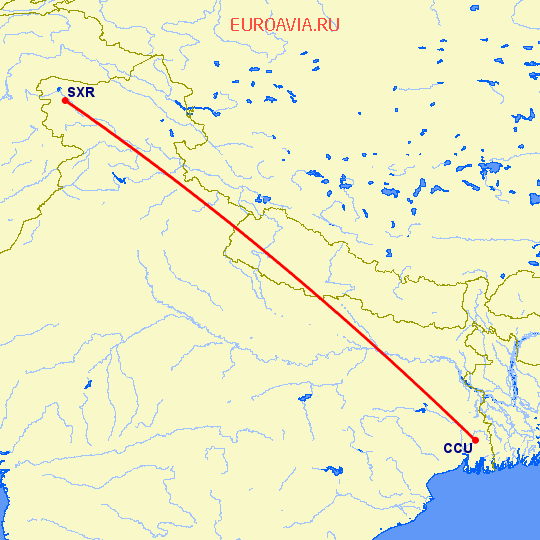 перелет Kolkata — Сринагар на карте