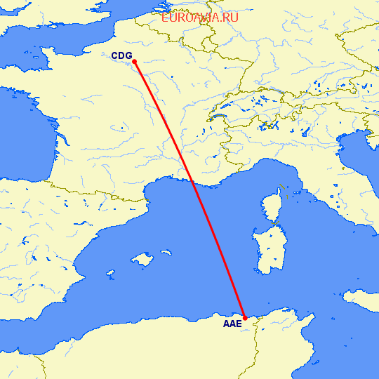 перелет Париж — Аннаба на карте