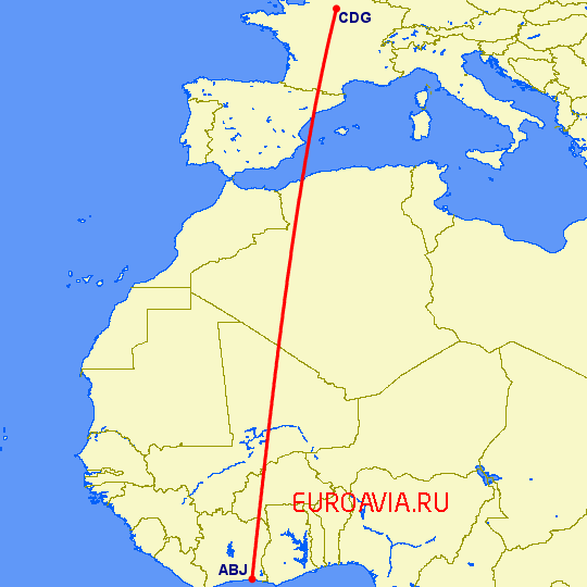 перелет Париж — Абиджан на карте