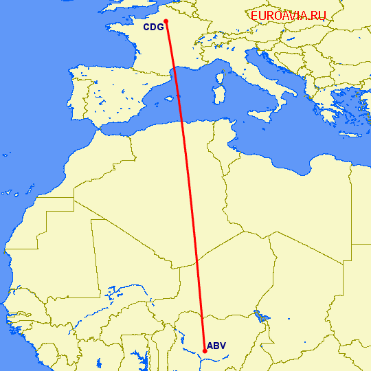 перелет Париж — Абуджа на карте