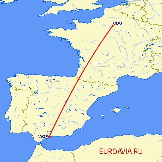 перелет Париж — Малага на карте