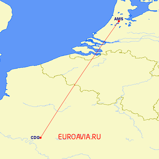 перелет Париж — Амстердам на карте