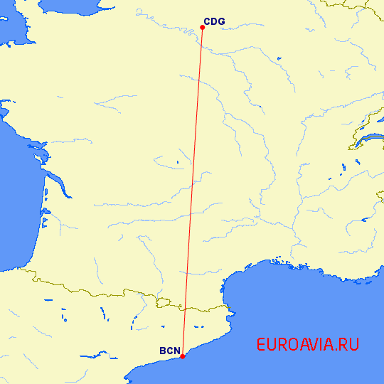 перелет Париж — Барселона на карте