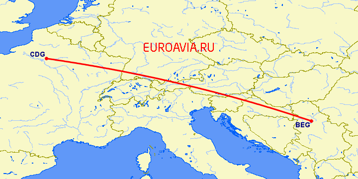 перелет Париж — Белград на карте