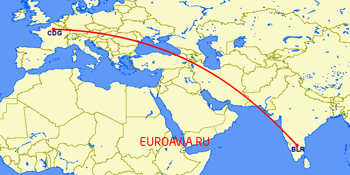 перелет Париж — Бангалор на карте