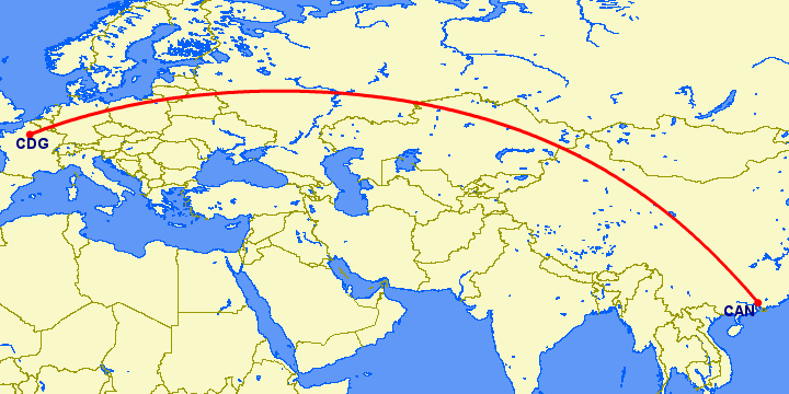 перелет Париж — Гуанчжоу на карте