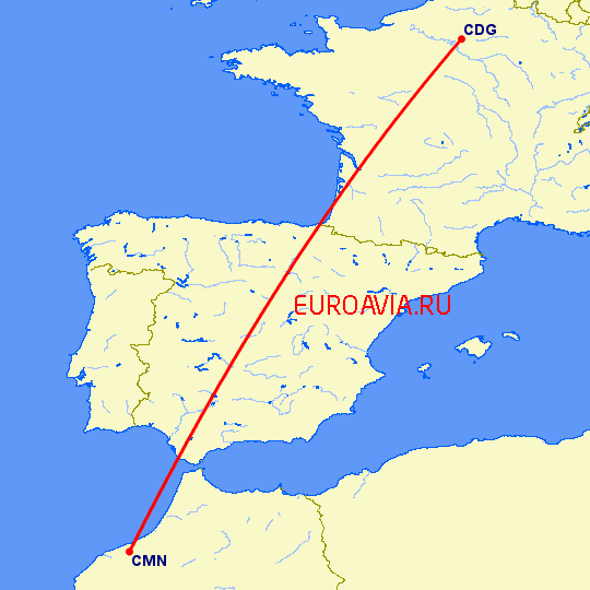 перелет Париж — Касабланка на карте