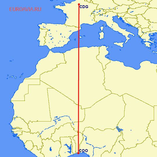 перелет Париж — Cotonou на карте
