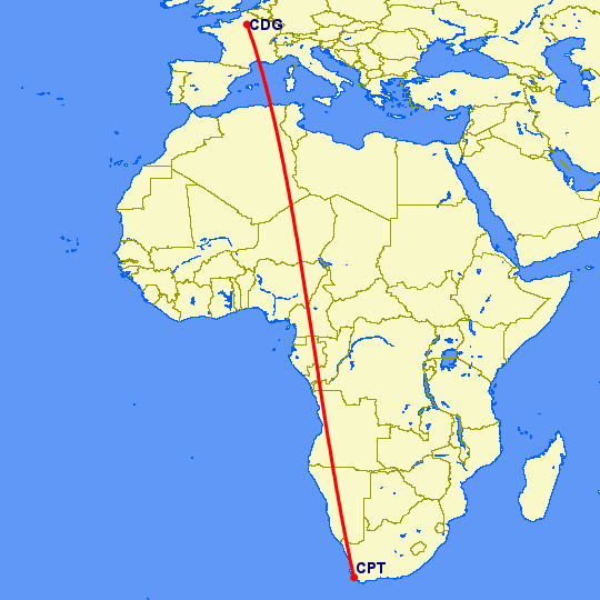 перелет Париж — Кейптаун на карте
