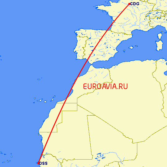 перелет Париж — Дакар на карте